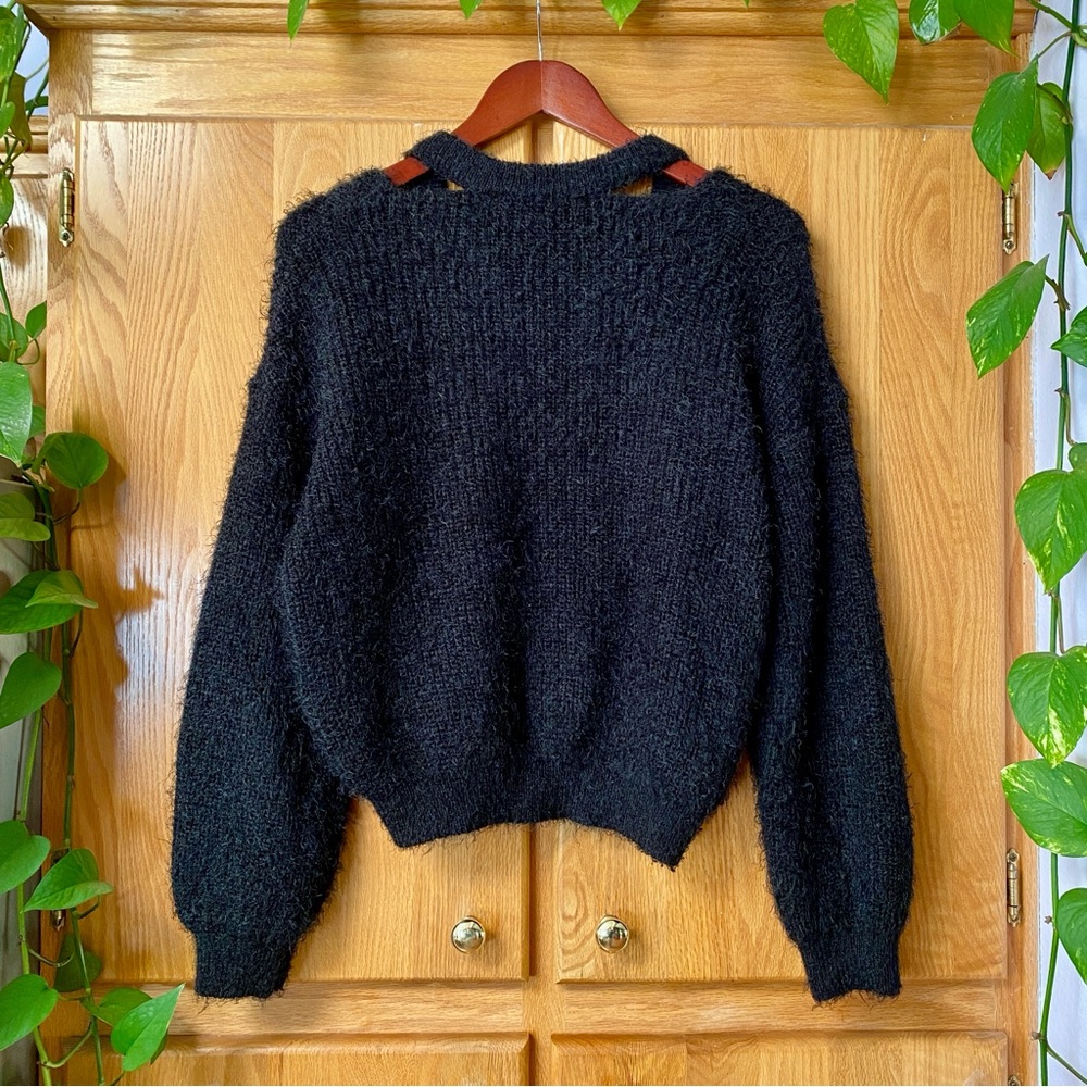 Korean Black Fuzzy and Soft Sweater with Shoulder Cut-outs - Picture 4 of 4